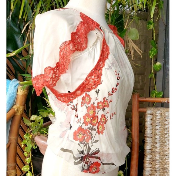 Vintage Tracy Reese 100% Silk Top Orange Flowers and Lace sz 8. New w/Tag - Picture 5 of 11